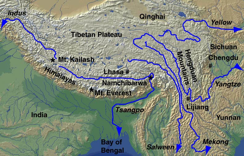 Map of Tibet, Western China, South Asia rivers